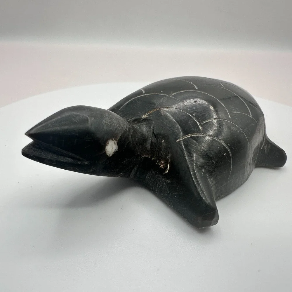 Vintage 90s Black Turtle Figurine Inlay Eyes Hand Carved‎ Home Decor Accessories